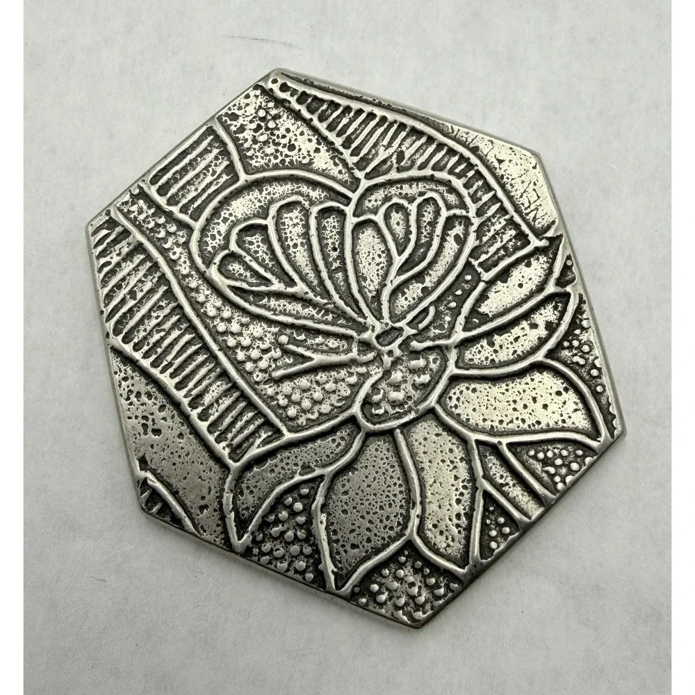 Tin Woodsman Studio Pewter Purse Mirror Hexagon Floral Compact Oregon
